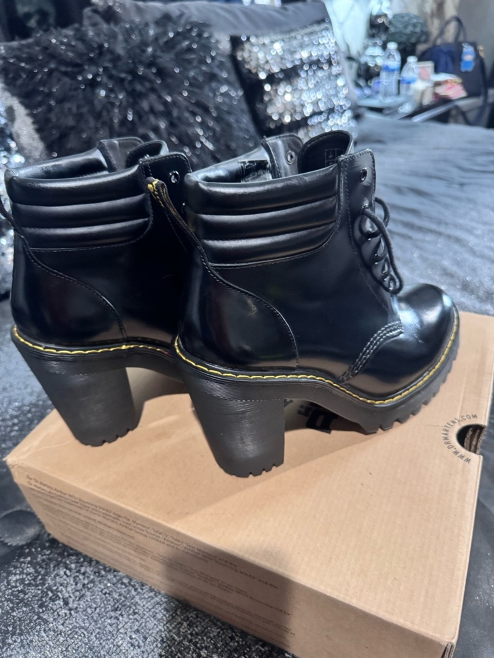 Dr. Martens Black Leather Lace-Up Platform Ankle Boots with Yellow Stitching - Picture 3 of 7